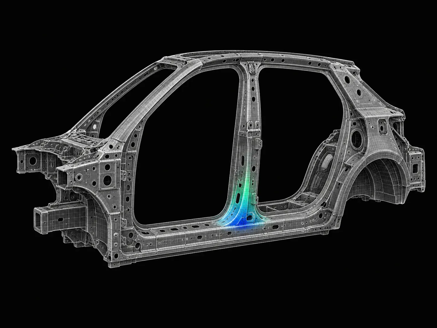 Car body-in-white wireframe with a stress hotspot on the B-pillar