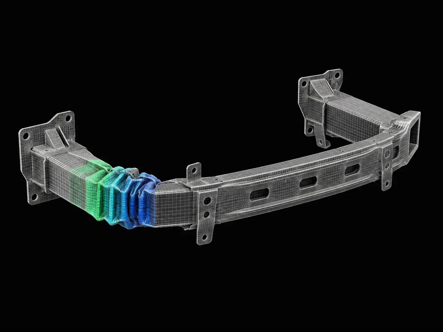 Bumper beam crash simulation mesh with deformation contours