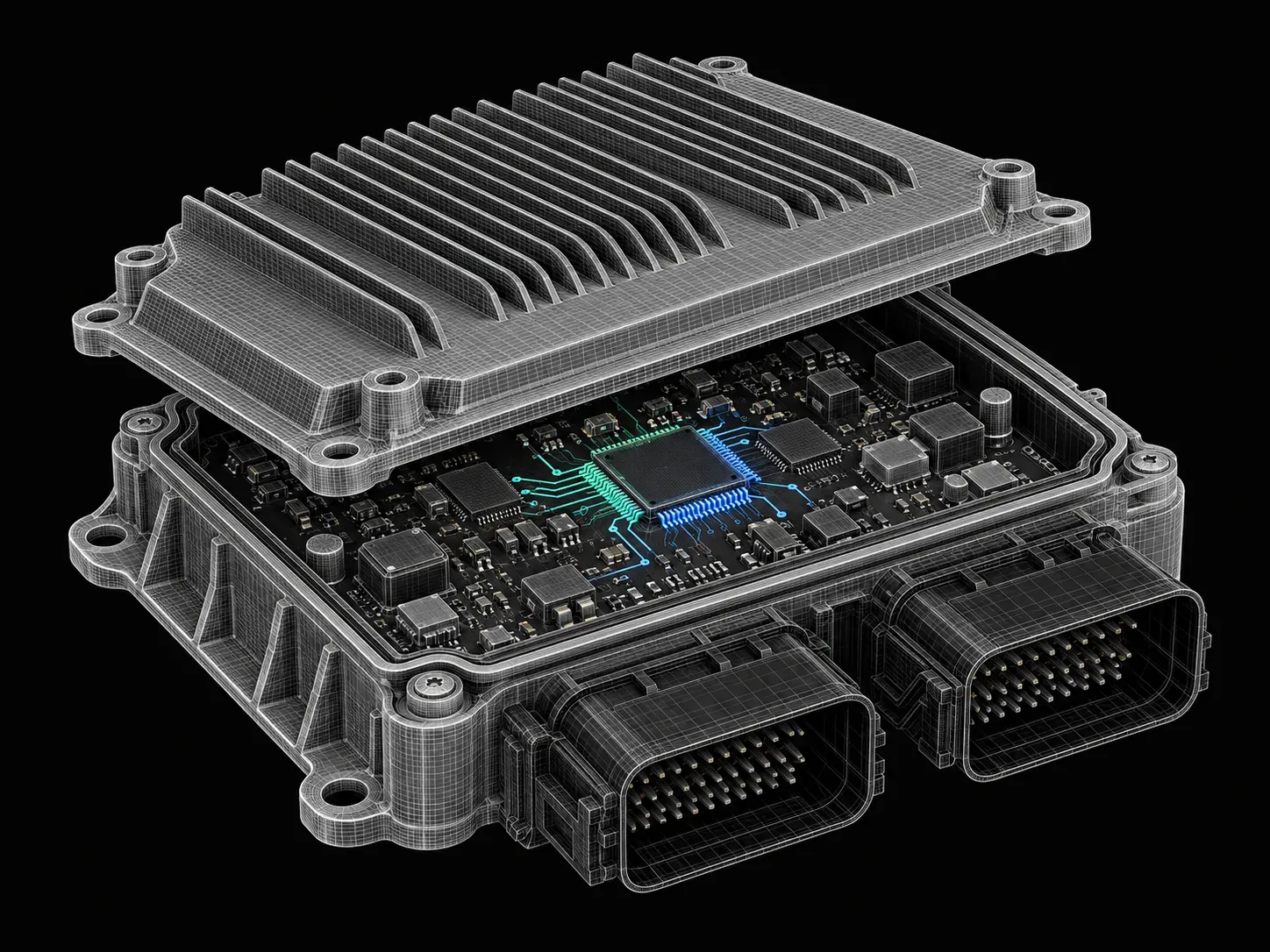 Open automotive ECU housing showing the controller board