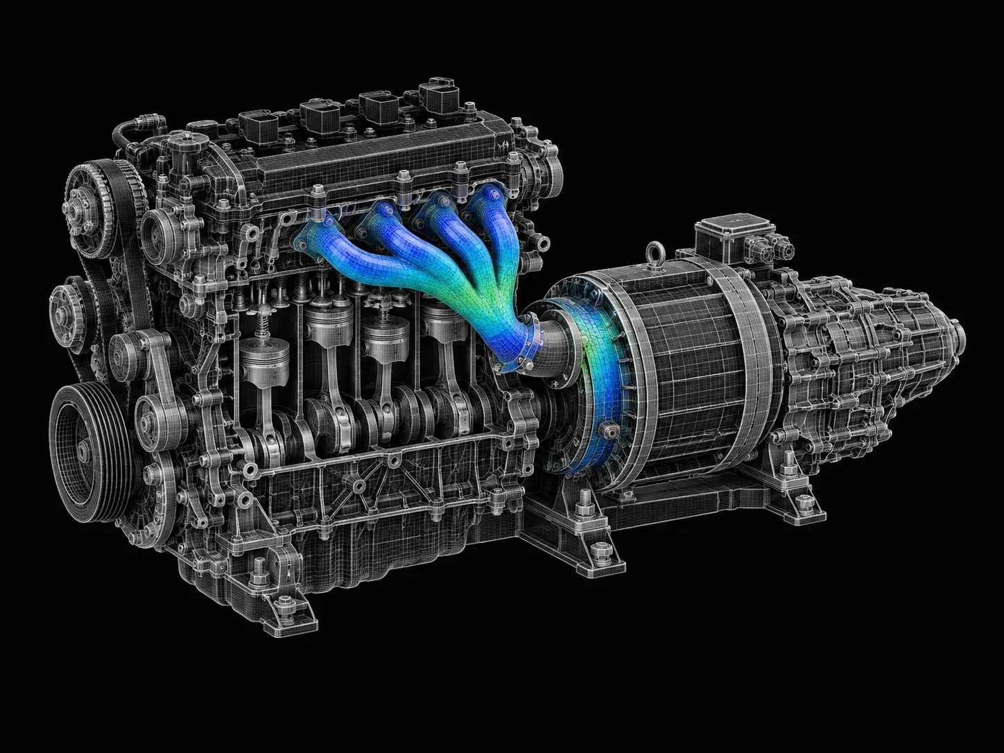 Hybrid powertrain model with engine, motor and flow paths highlighted