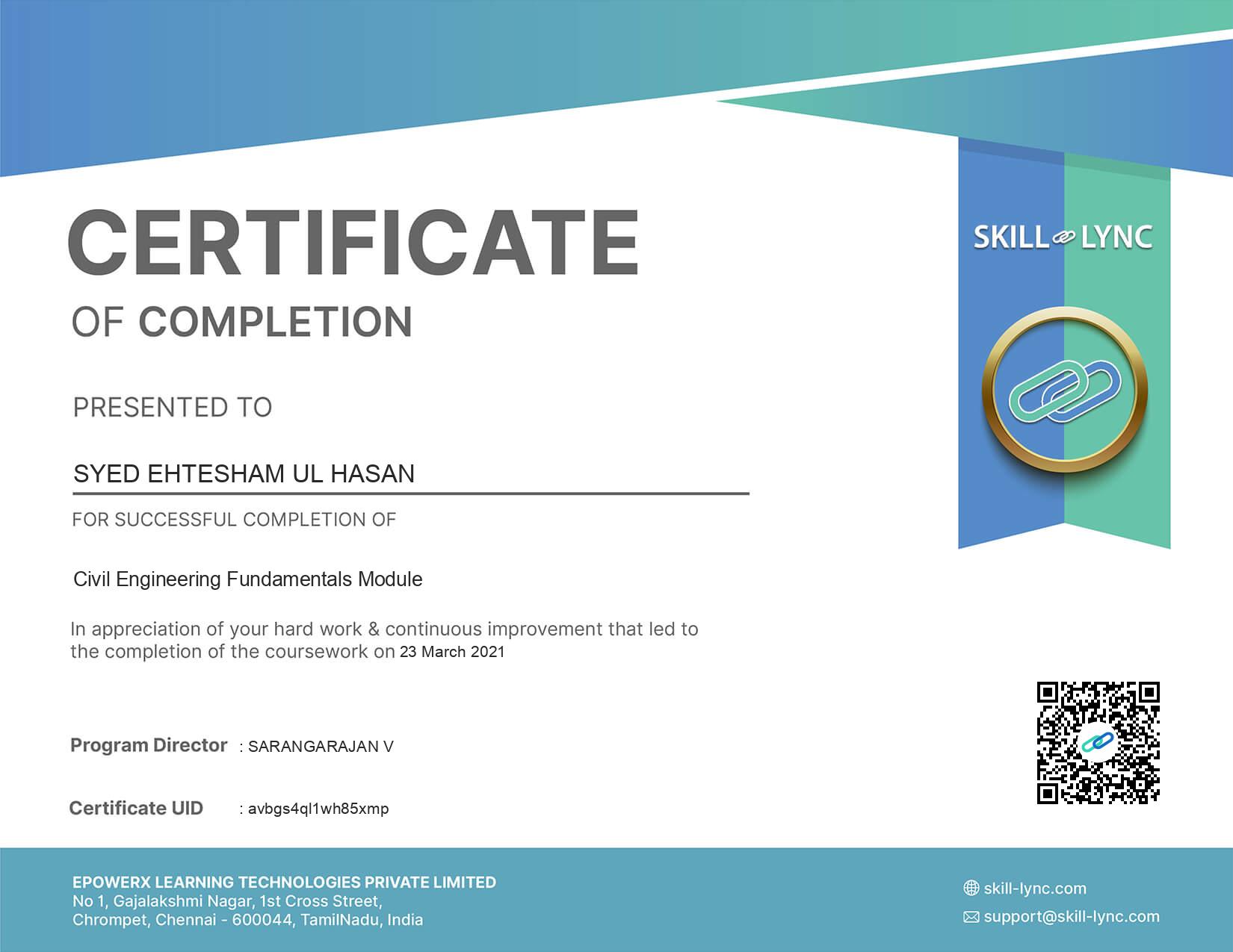 Syed Ehtesham Ul Hasan's course certificate - Skill-Lync