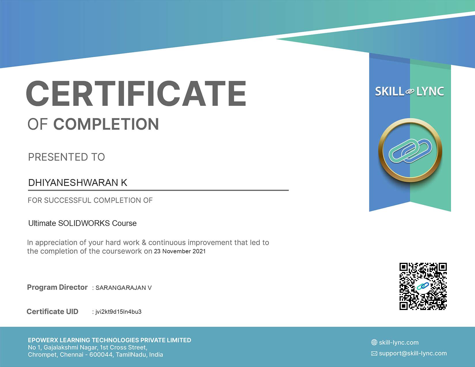 Dhiyaneshwaran K s Course Certificate Skill Lync